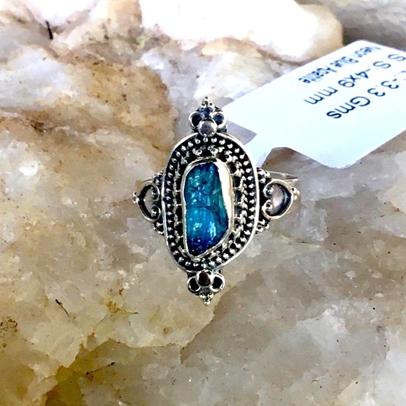 NEON BLUE APATITE Bali filigree sterling ring 7 - Picture 5 of 10